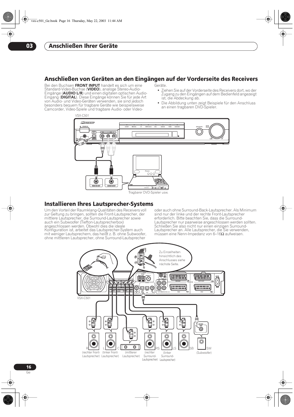 Installieren ihres lautsprecher-systems, Anschließen ihrer geräte 03, Color bright monitor | Pioneer VSX-C501-S User Manual | Page 16 / 108