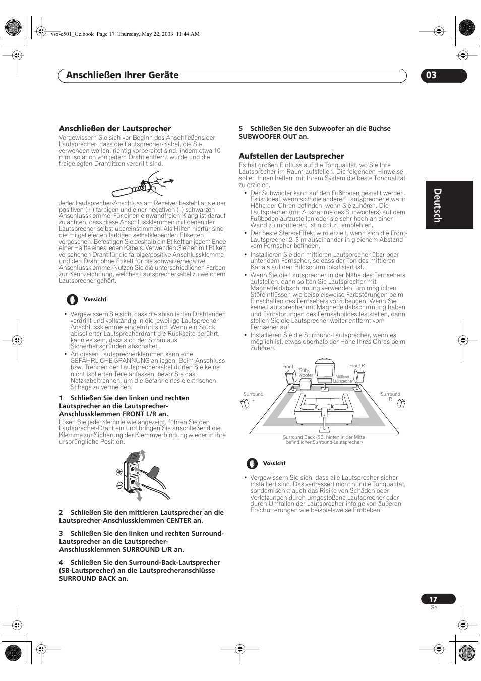 Anschließen der lautsprecher, Aufstellen der lautsprecher, Deutsch | Anschließen ihrer geräte 03 | Pioneer VSX-C501-S User Manual | Page 17 / 108