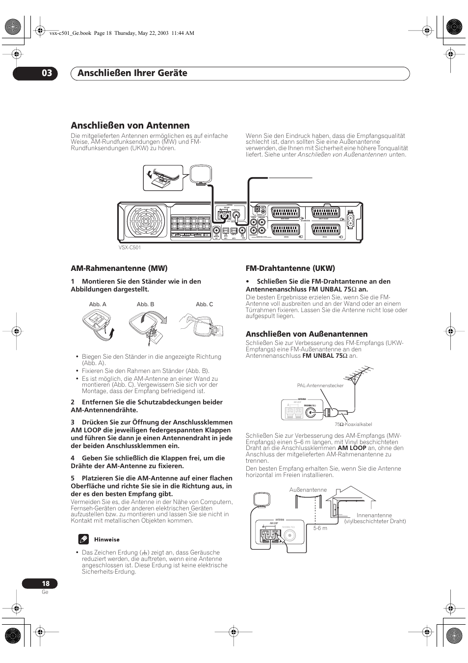 Anschließen von antennen, Am-rahmenantenne (mw), Fm-drahtantenne (ukw) | Anschließen von außenantennen, Anschließen ihrer geräte 03 | Pioneer VSX-C501-S User Manual | Page 18 / 108