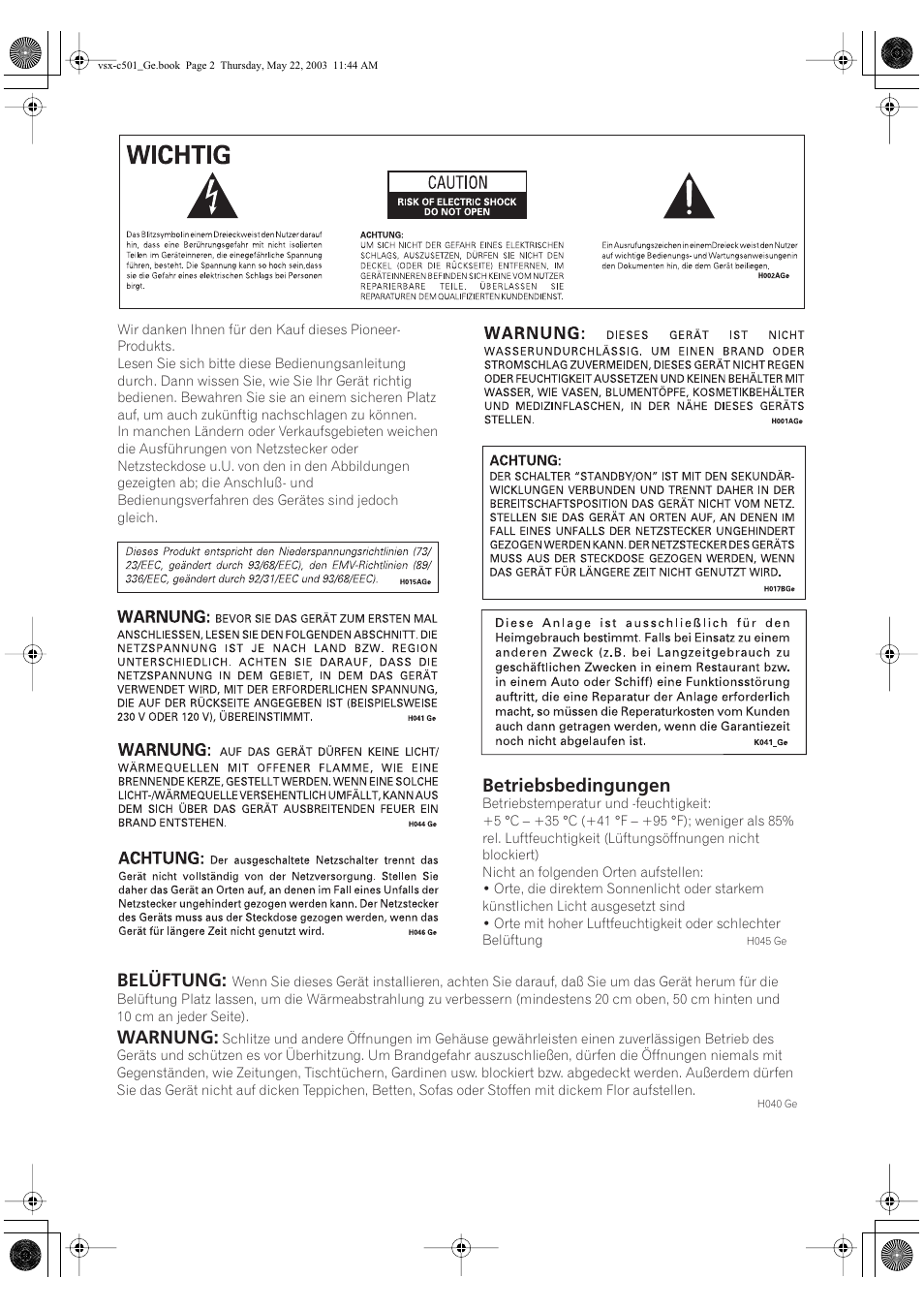 Betriebsbedingungen, Belüftung, Warnung | Pioneer VSX-C501-S User Manual | Page 2 / 108