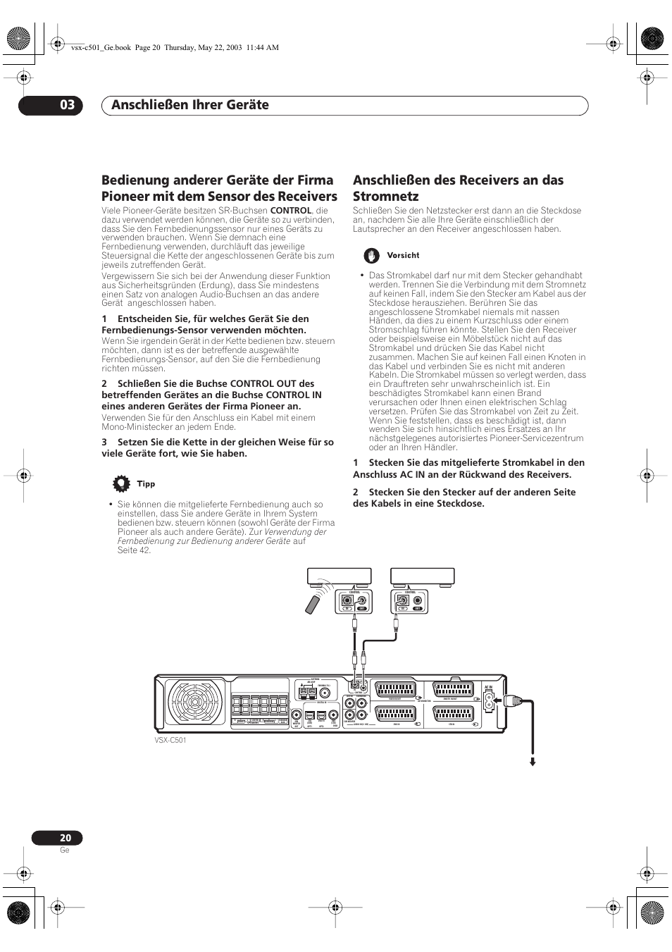 Anschließen des receivers an das stromnetz, Anschließen ihrer geräte 03 | Pioneer VSX-C501-S User Manual | Page 20 / 108