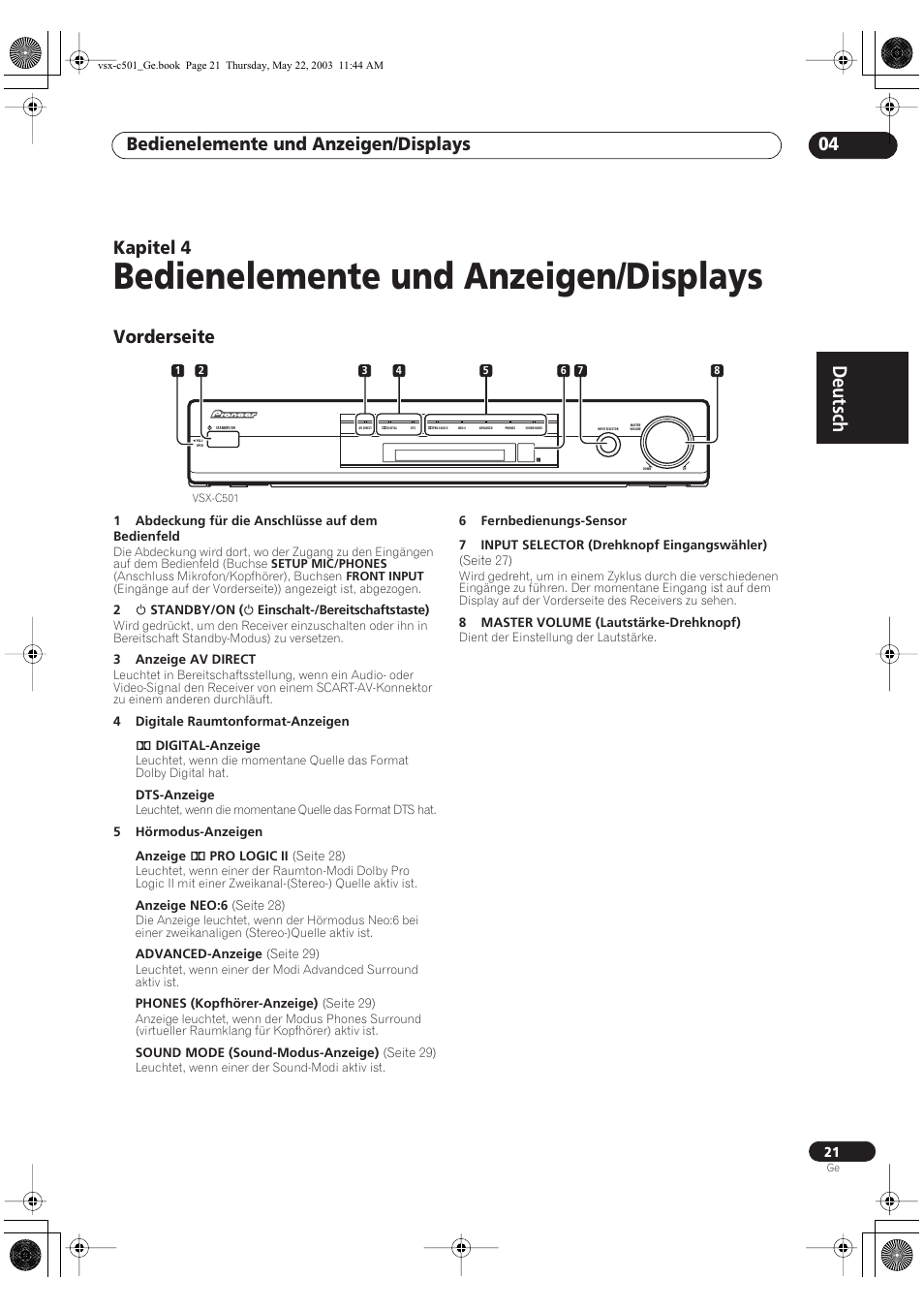 04 bedienelemente und anzeigen/displays, Vorderseite, Bedienelemente und anzeigen/displays | Deutsch, Bedienelemente und anzeigen/displays 04, Kapitel 4 | Pioneer VSX-C501-S User Manual | Page 21 / 108