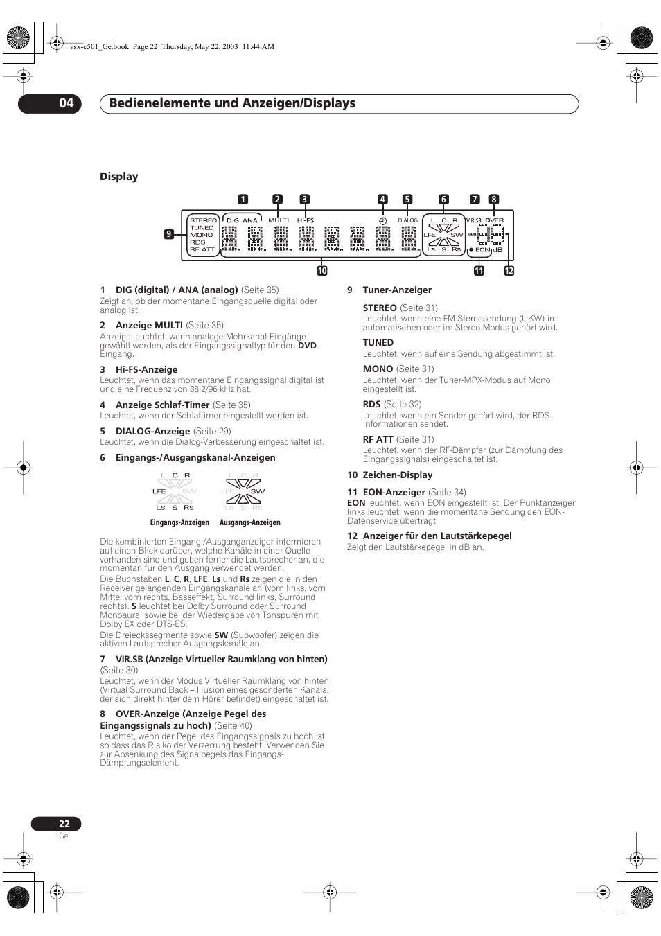 Display, Bedienelemente und anzeigen/displays 04 | Pioneer VSX-C501-S User Manual | Page 22 / 108