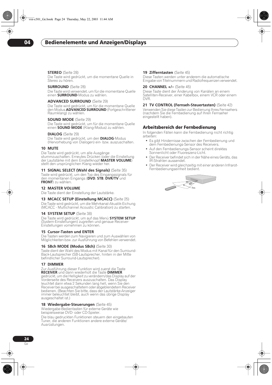 Arbeitsbereich der fernbedienung, Bedienelemente und anzeigen/displays 04 | Pioneer VSX-C501-S User Manual | Page 24 / 108