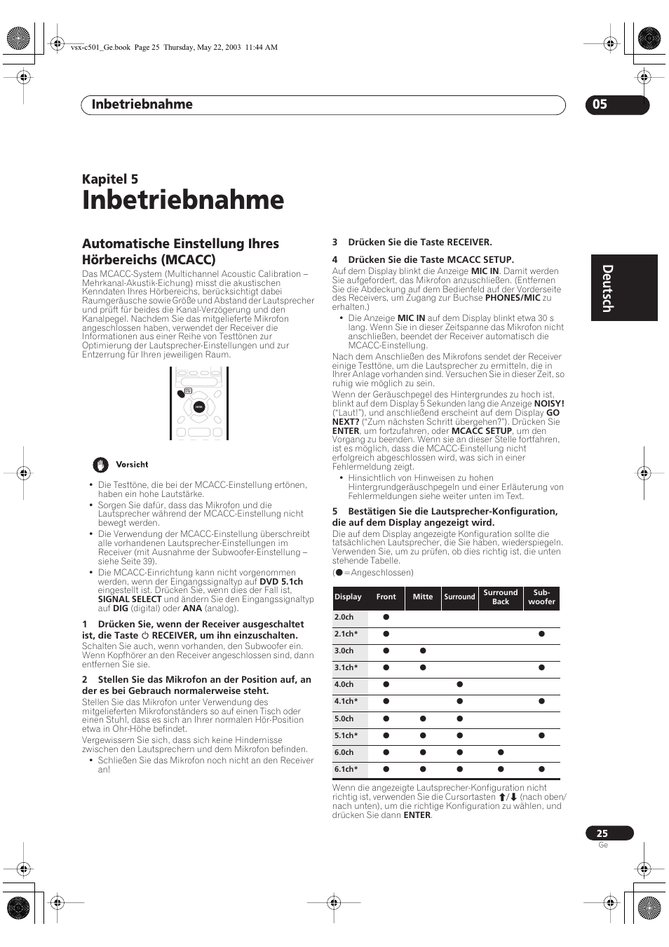 05 inbetriebnahme, Automatische einstellung ihres hörbereichs (mcacc), Inbetriebnahme | Deutsch, Inbetriebnahme 05, Kapitel 5 | Pioneer VSX-C501-S User Manual | Page 25 / 108