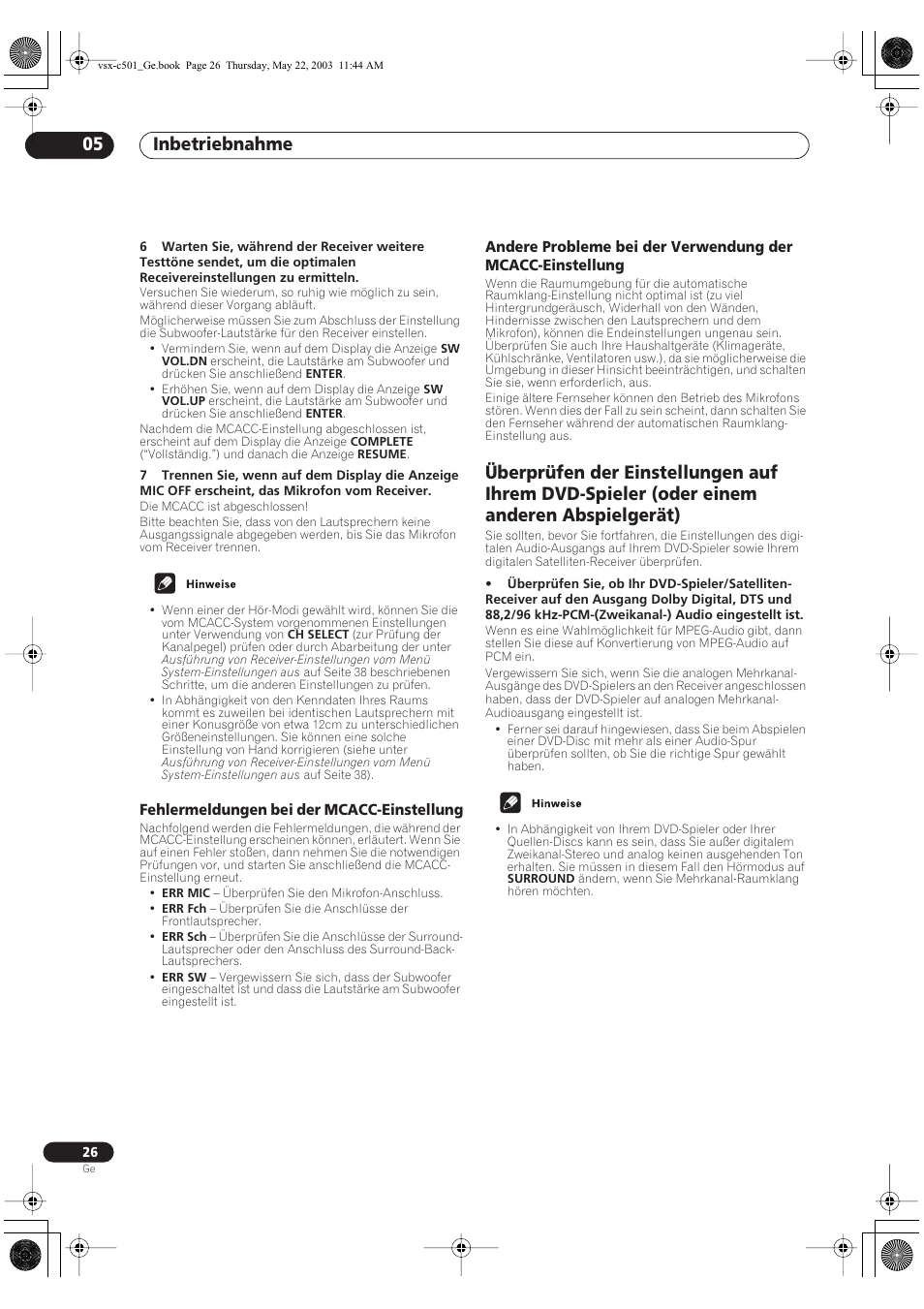 Fehlermeldungen bei der mcacc-einstellung, Inbetriebnahme 05 | Pioneer VSX-C501-S User Manual | Page 26 / 108