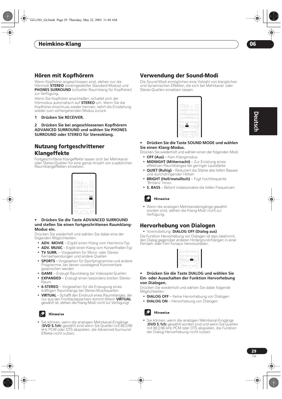 Hören mit kopfhörern, Nutzung fortgeschrittener klangeffekte, Verwendung der sound-modi | Hervorhebung von dialogen, Deutsch, Heimkino-klang 06 | Pioneer VSX-C501-S User Manual | Page 29 / 108