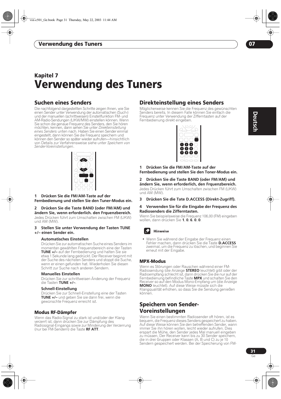 07 verwendung des tuners, Suchen eines senders, Modus rf-dämpfer | Direkteinstellung eines senders, Mpx-modus, Speichern von sender-voreinstellungen, Verwendung des tuners, Deutsch, Verwendung des tuners 07, Kapitel 7 | Pioneer VSX-C501-S User Manual | Page 31 / 108