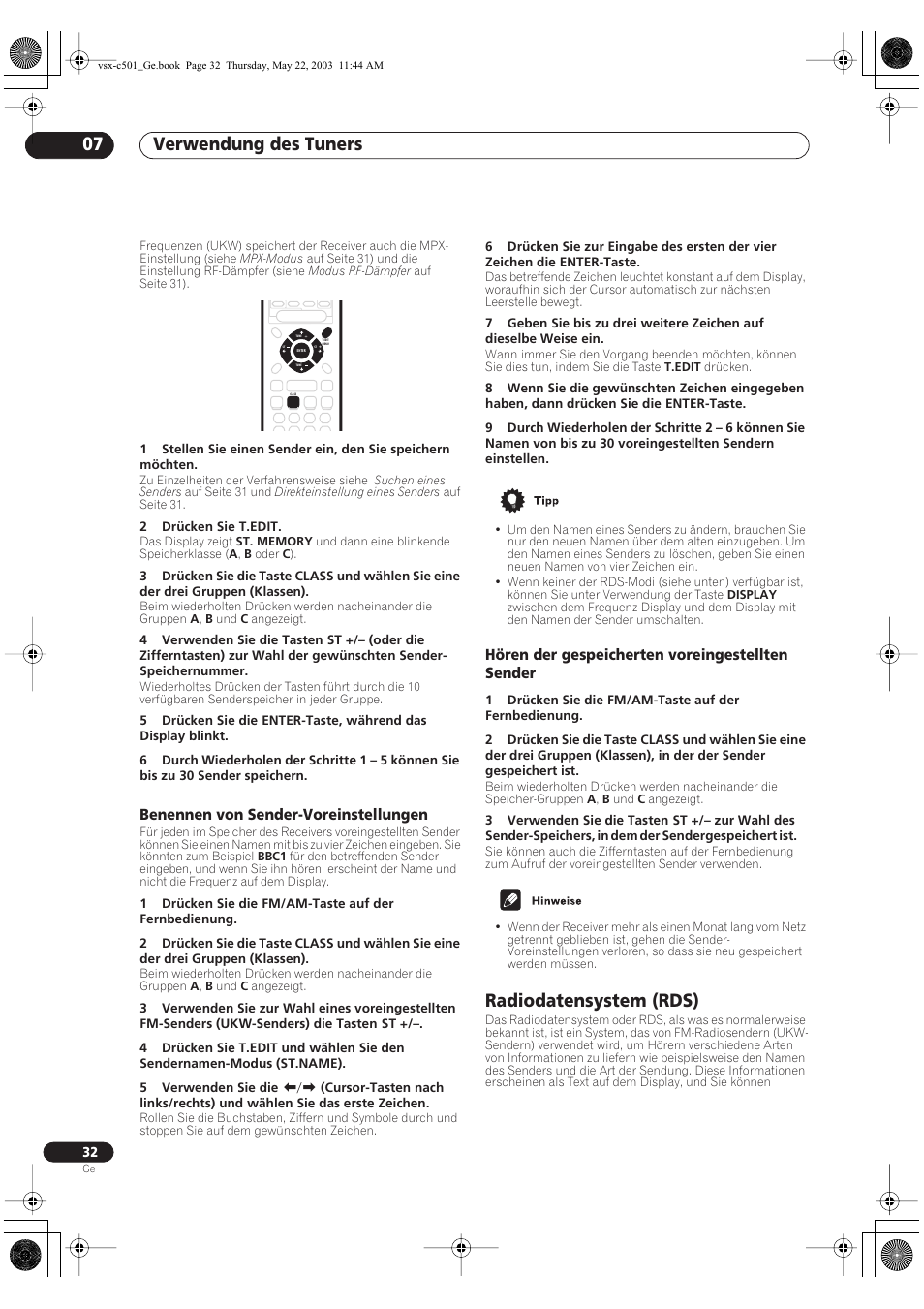 Benennen von sender-voreinstellungen, Hören der gespeicherten voreingestellten sender, Radiodatensystem (rds) | Verwendung des tuners 07 | Pioneer VSX-C501-S User Manual | Page 32 / 108