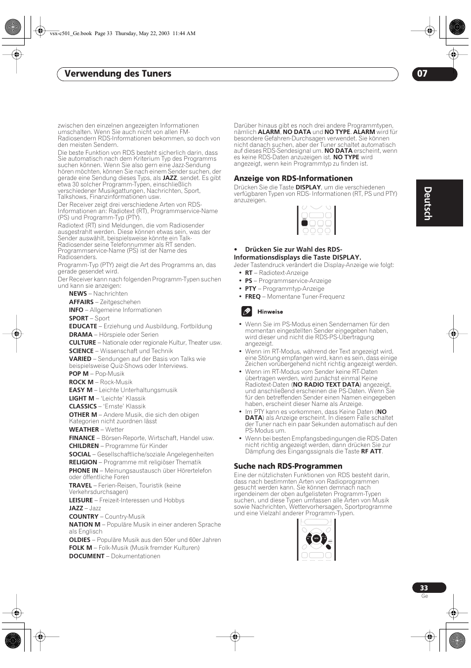 Anzeige von rds-informationen, Suche nach rds-programmen, Deutsch | Verwendung des tuners 07 | Pioneer VSX-C501-S User Manual | Page 33 / 108