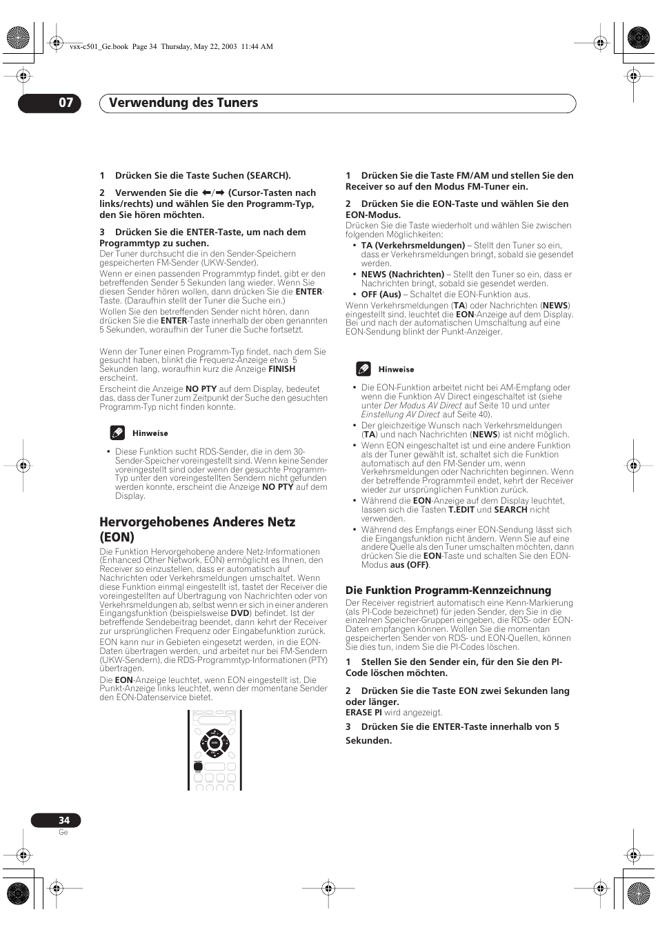 Hervorgehobenes anderes netz (eon), Die funktion programm-kennzeichnung, Verwendung des tuners 07 | Pioneer VSX-C501-S User Manual | Page 34 / 108