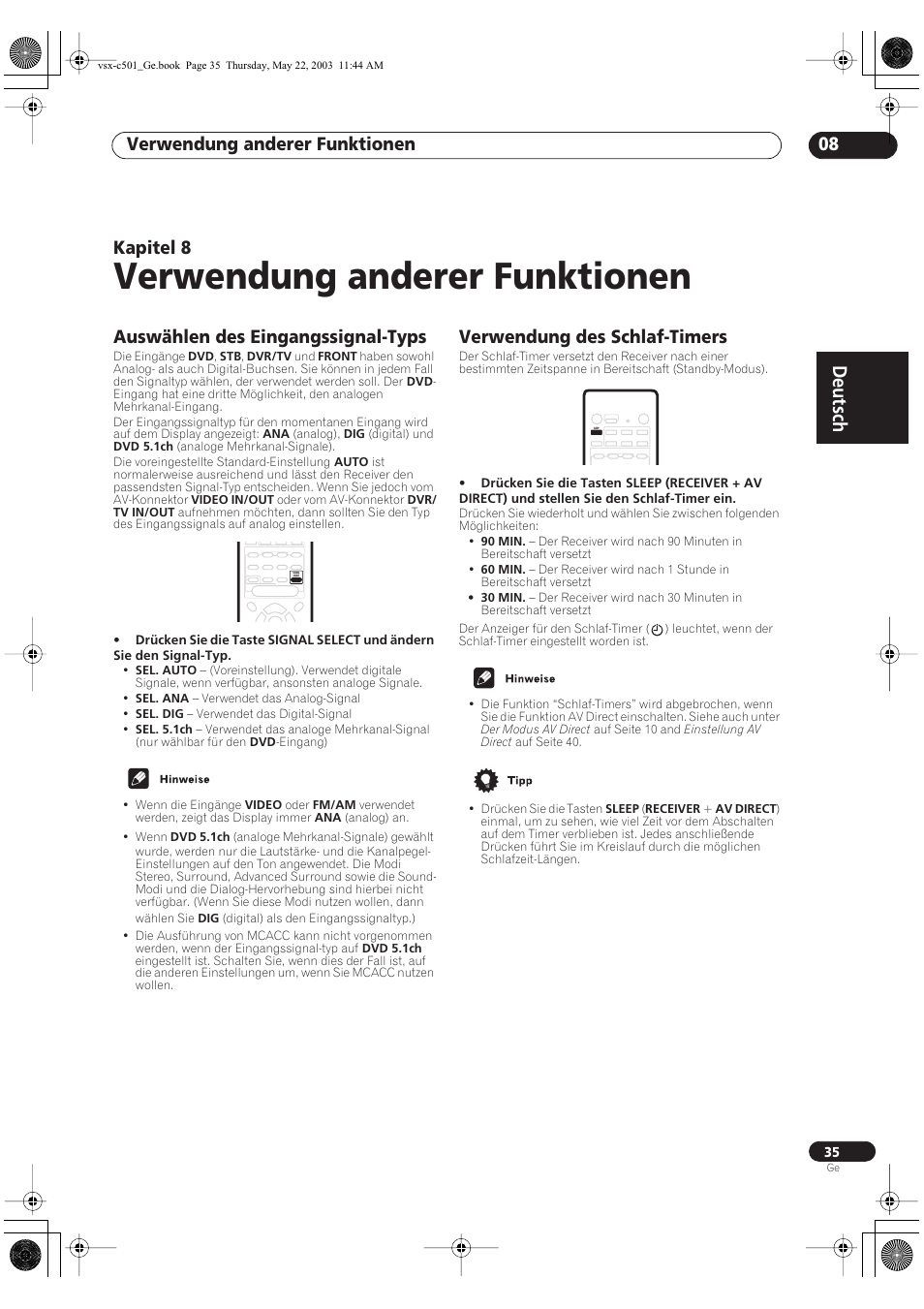 08 verwendung anderer funktionen, Auswählen des eingangssignal-typs, Verwendung des schlaf-timers | Verwendung anderer funktionen, Deutsch, Verwendung anderer funktionen 08, Kapitel 8 | Pioneer VSX-C501-S User Manual | Page 35 / 108