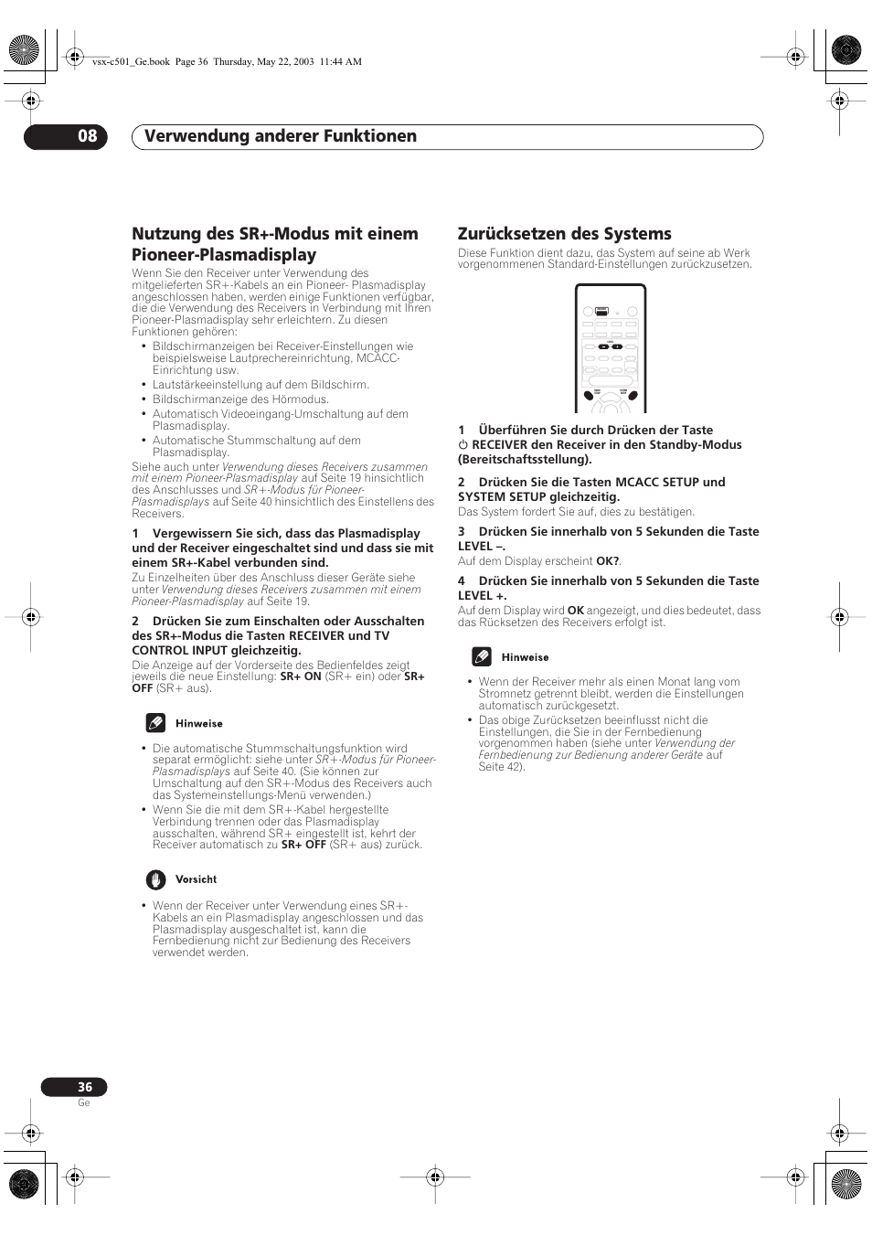 Zurücksetzen des systems, Verwendung anderer funktionen 08 | Pioneer VSX-C501-S User Manual | Page 36 / 108
