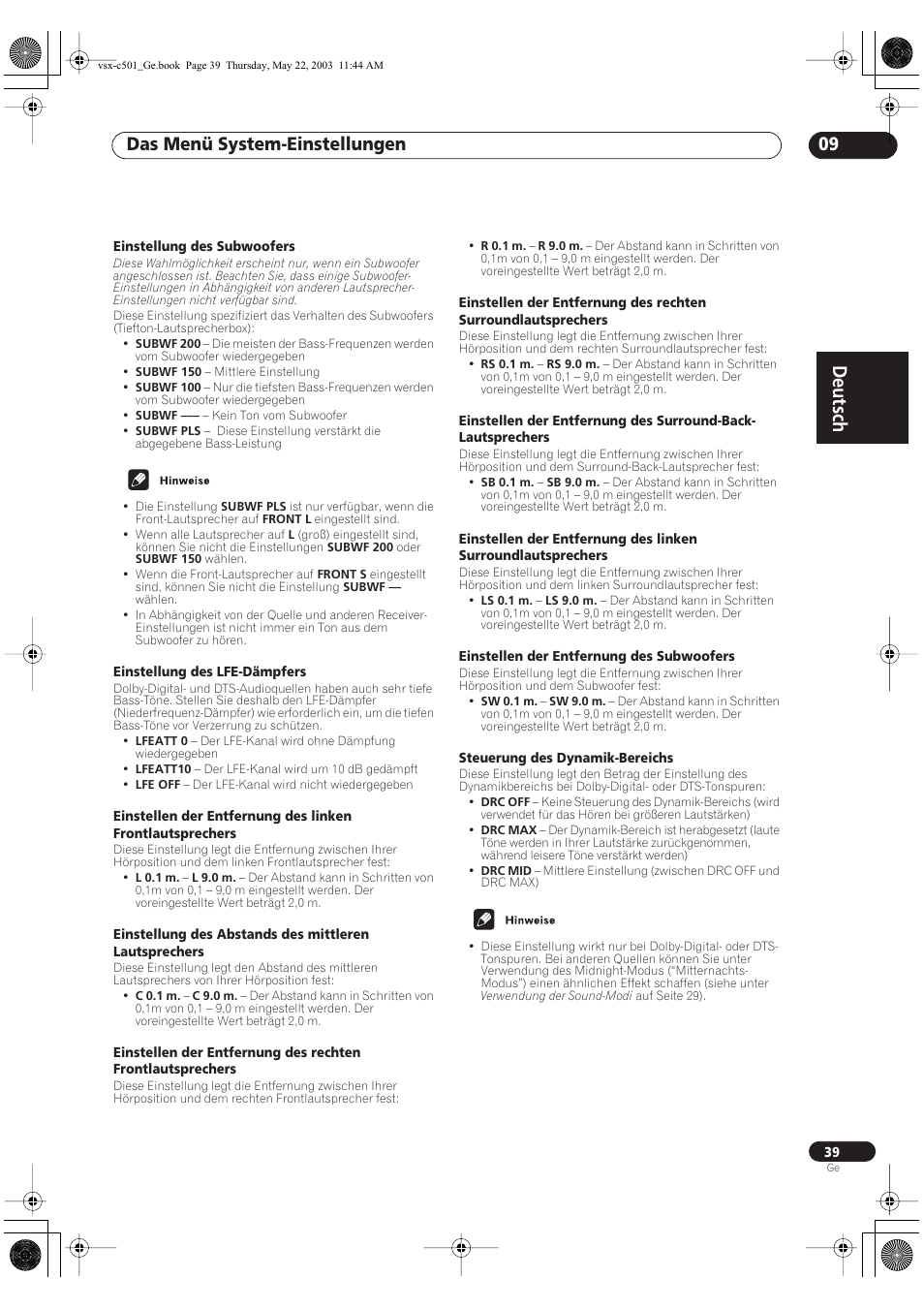 Deutsch, Das menü system-einstellungen 09 | Pioneer VSX-C501-S User Manual | Page 39 / 108