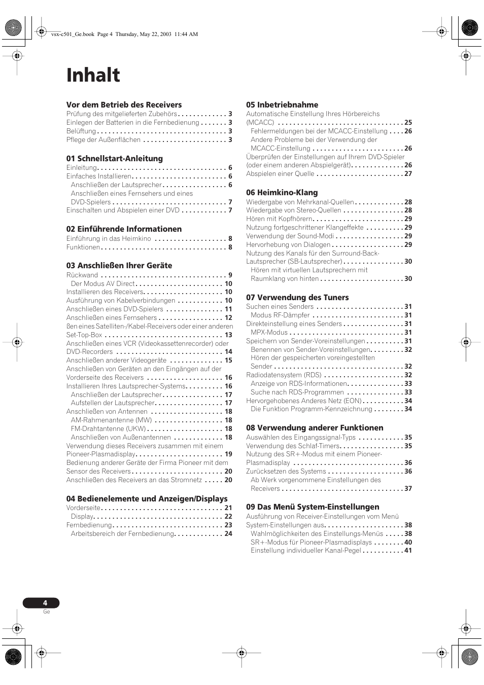 Inhalt | Pioneer VSX-C501-S User Manual | Page 4 / 108