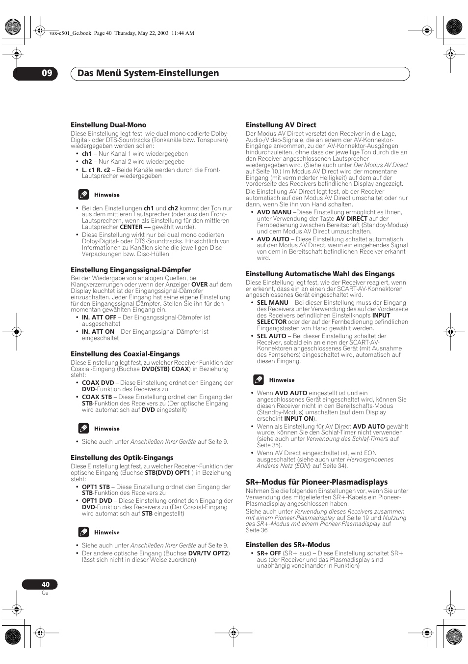 Sr+-modus für pioneer-plasmadisplays, Das menü system-einstellungen 09 | Pioneer VSX-C501-S User Manual | Page 40 / 108