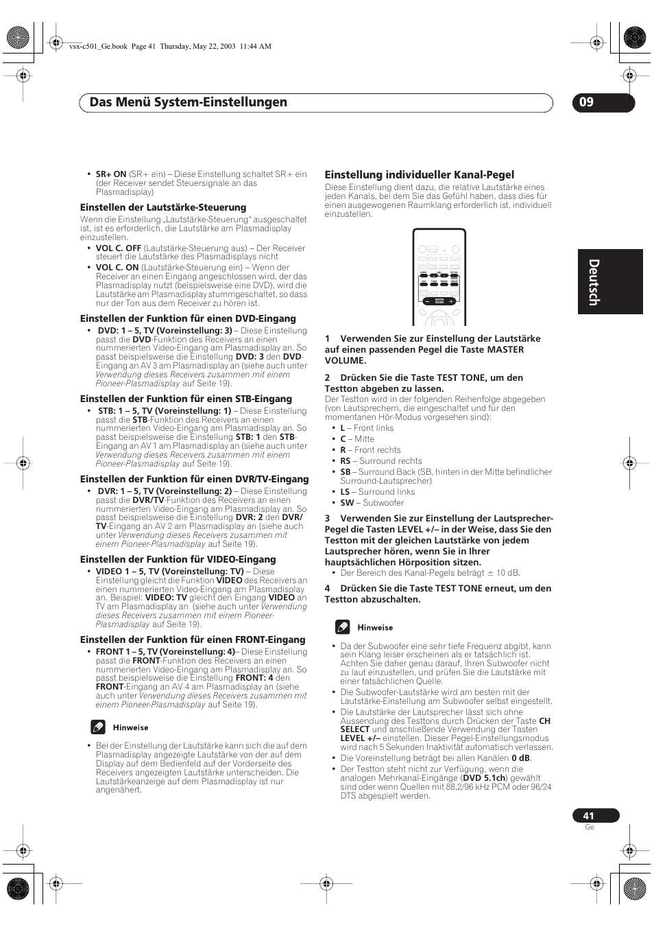 Einstellung individueller kanal-pegel, Deutsch, Das menü system-einstellungen 09 | Einstellen der lautstärke-steuerung, Einstellen der funktion für einen dvd-eingang, Einstellen der funktion für einen stb-eingang, Einstellen der funktion für einen dvr/tv-eingang, Einstellen der funktion für video-eingang, Einstellen der funktion für einen front-eingang | Pioneer VSX-C501-S User Manual | Page 41 / 108