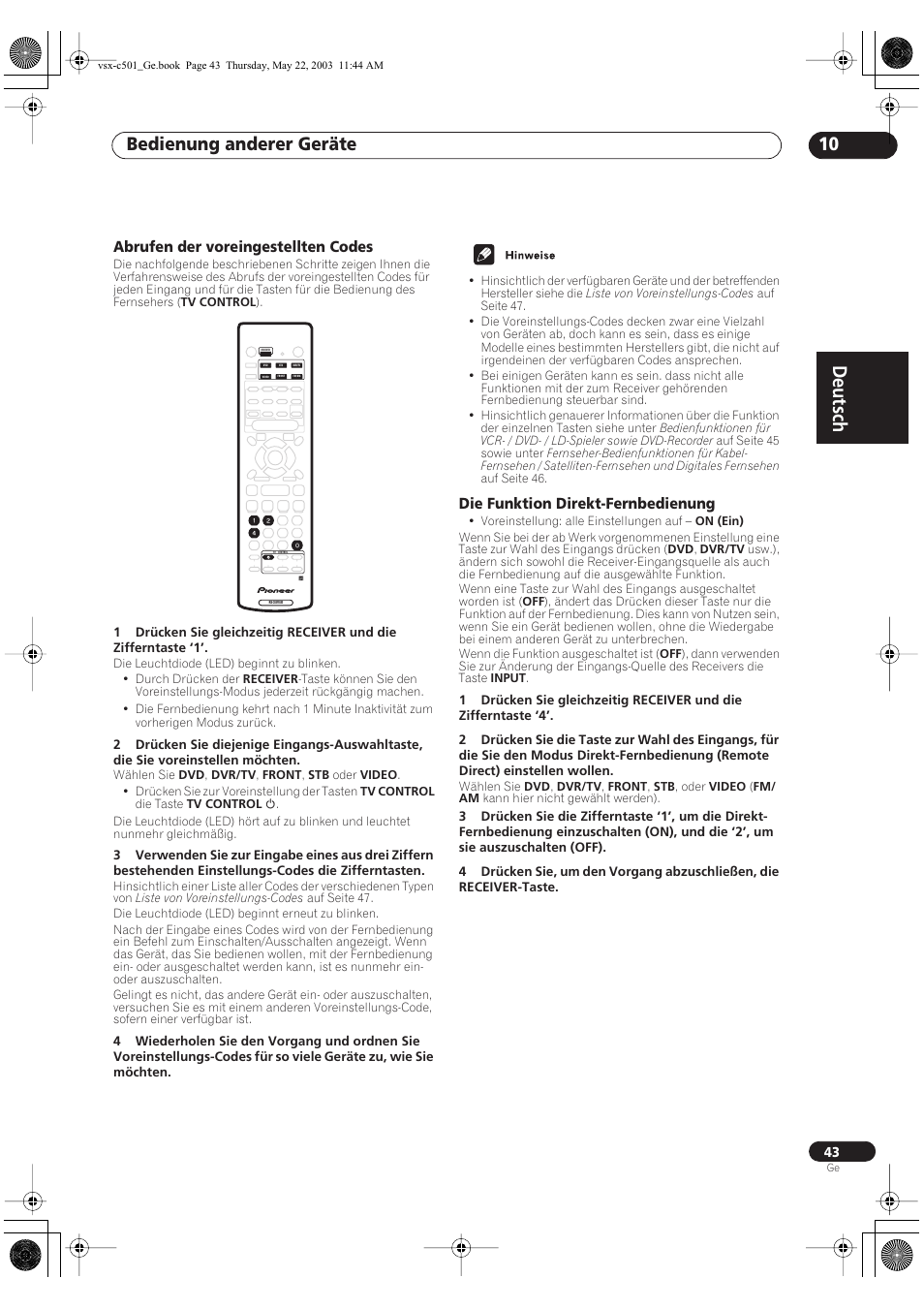 Abrufen der voreingestellten codes, Die funktion direkt-fernbedienung, Deutsch | Bedienung anderer geräte 10 | Pioneer VSX-C501-S User Manual | Page 43 / 108