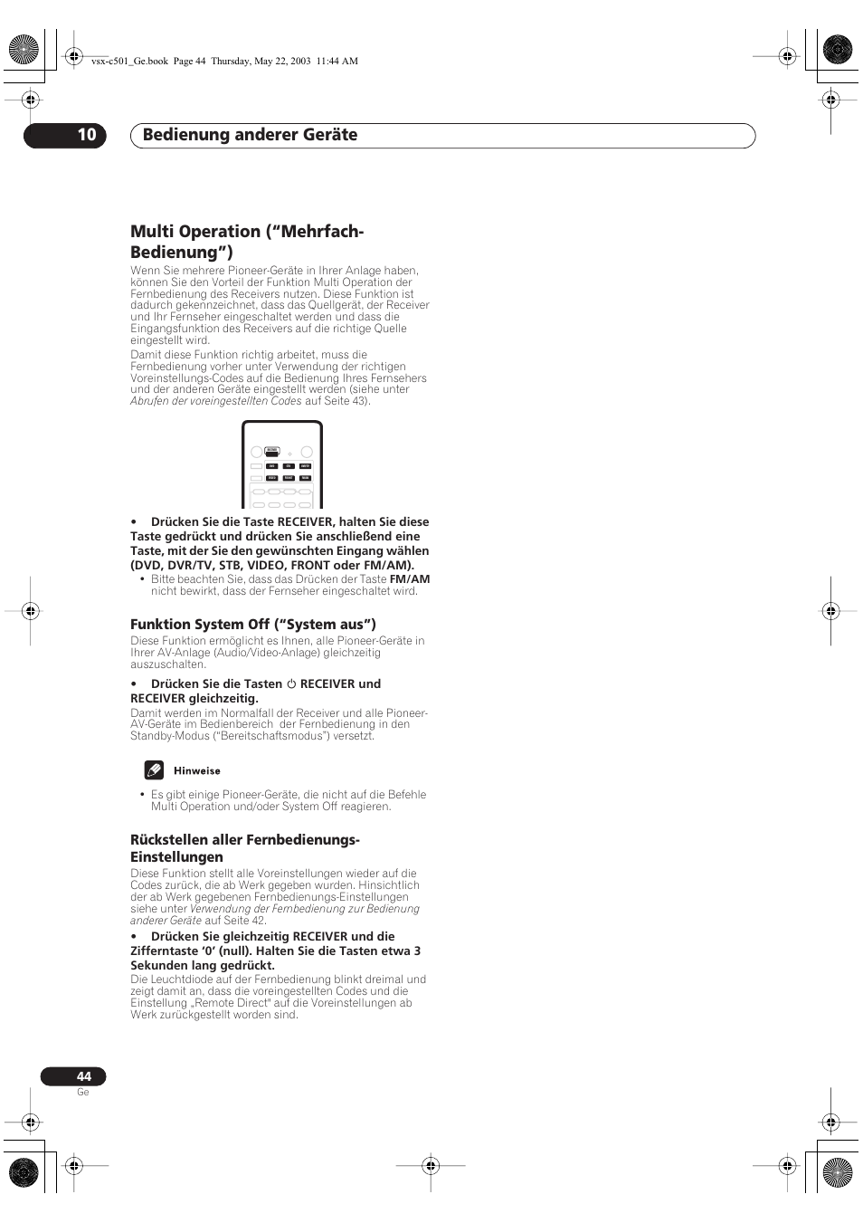 Multi operation (“mehrfach-bedienung”), Funktion system off (“system aus”), Rückstellen aller fernbedienungs-einstellungen | Bedienung anderer geräte 10, Multi operation (“mehrfach- bedienung”), Rückstellen aller fernbedienungs- einstellungen | Pioneer VSX-C501-S User Manual | Page 44 / 108