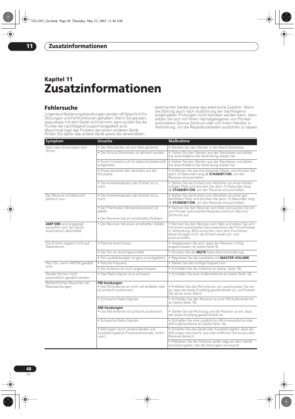 11 zusatzinformationen, Fehlersuche, Zusatzinformationen | Zusatzinformationen 11, Kapitel 11 | Pioneer VSX-C501-S User Manual | Page 48 / 108