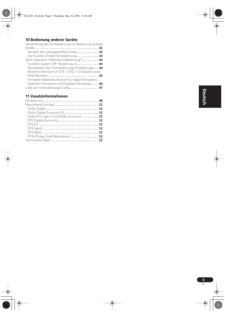 Deutsch | Pioneer VSX-C501-S User Manual | Page 5 / 108