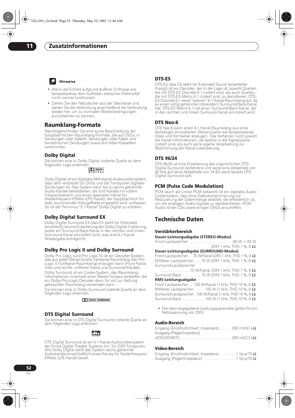 Raumklang-formate, Dolby digital, Dolby digital surround ex | Dolby pro logic ii und dolby surround, Dts digital surround, Dts-es, Dts neo:6, Dts 96/24, Pcm (pulse code modulation), Technische daten | Pioneer VSX-C501-S User Manual | Page 52 / 108
