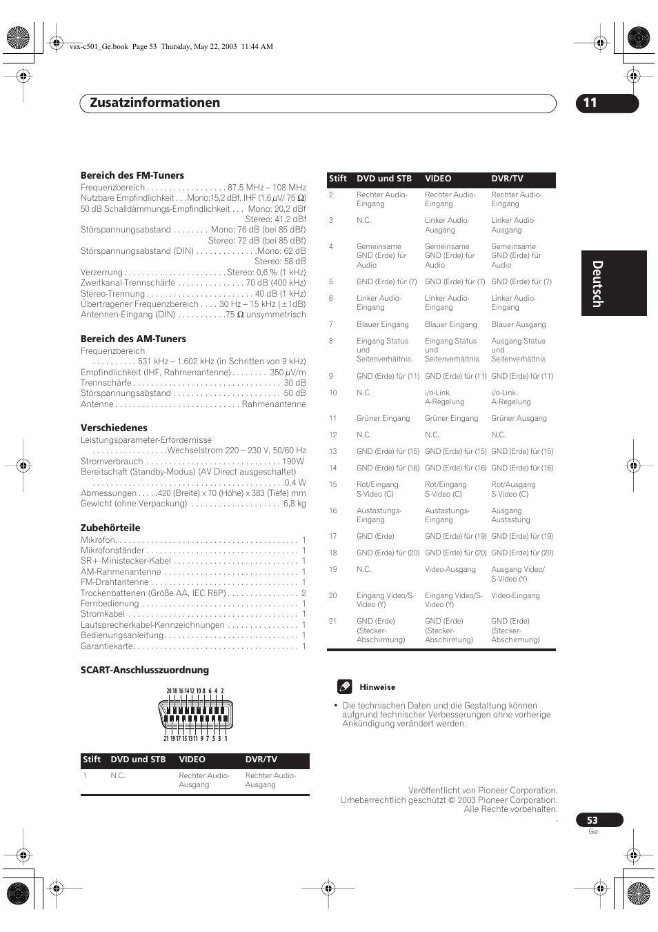 Deutsch, Zusatzinformationen 11 | Pioneer VSX-C501-S User Manual | Page 53 / 108