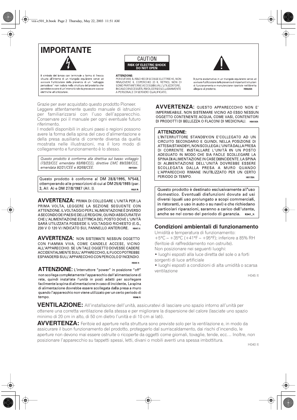 Ventilazione, Avvertenza | Pioneer VSX-C501-S User Manual | Page 54 / 108