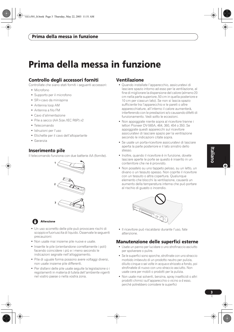 Italiano, Prima della messa in funzione, Controllo degli accessori forniti | Inserimento pile, Ventilazione, Manutenzione delle superfici esterne | Pioneer VSX-C501-S User Manual | Page 55 / 108