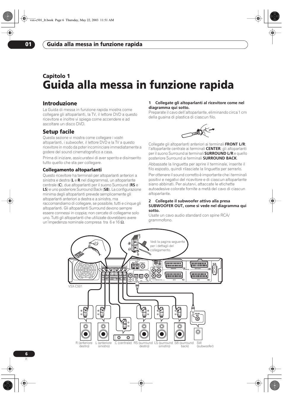 Guida alla messa in funzione rapida, Guida alla messa in funzione rapida 01, Capitolo 1 | Introduzione, Setup facile, Collegamento altoparlanti | Pioneer VSX-C501-S User Manual | Page 58 / 108