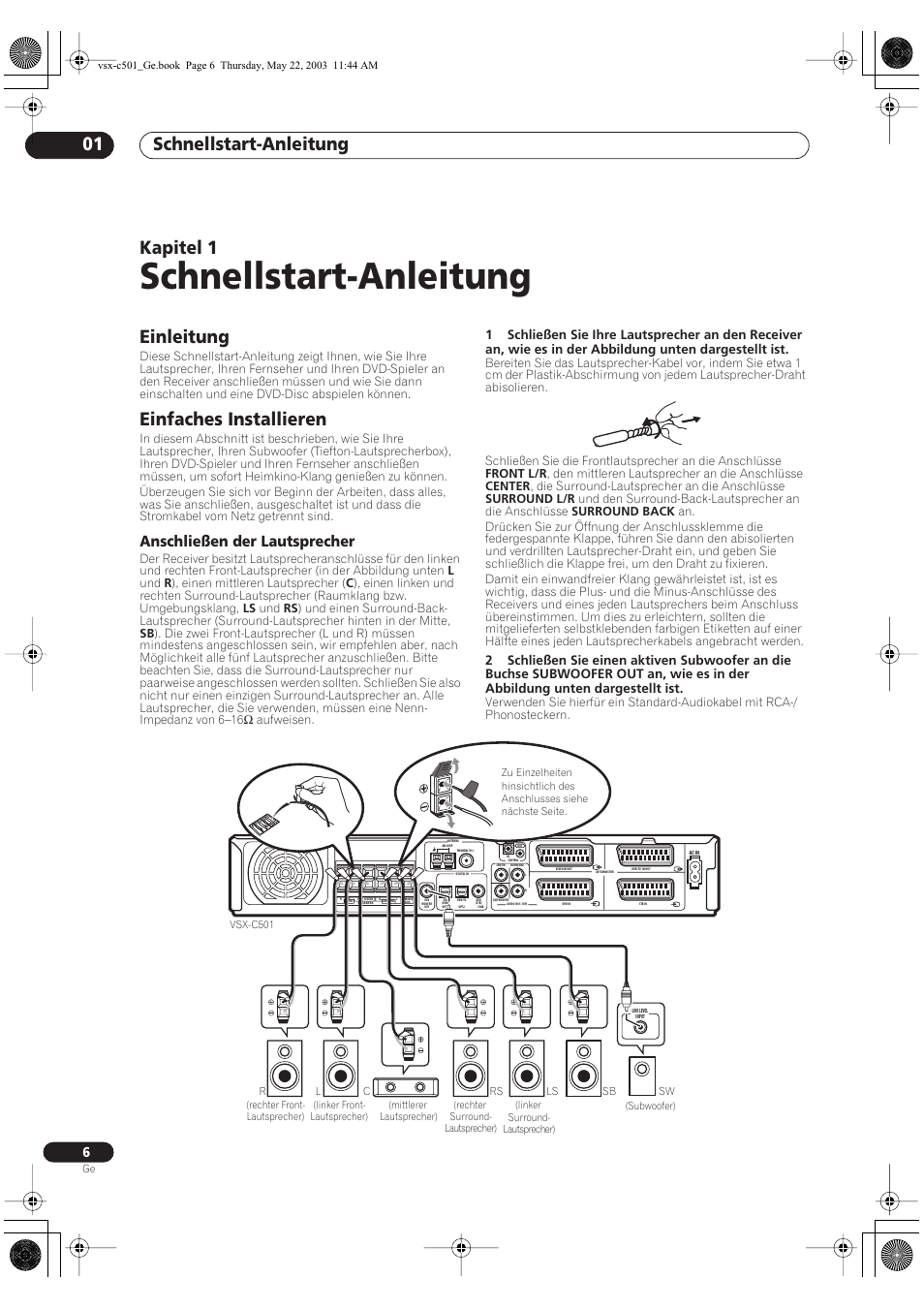 01 schnellstart-anleitung, Einleitung, Einfaches installieren | Anschließen der lautsprecher, Schnellstart-anleitung, Schnellstart-anleitung 01, Kapitel 1 | Pioneer VSX-C501-S User Manual | Page 6 / 108