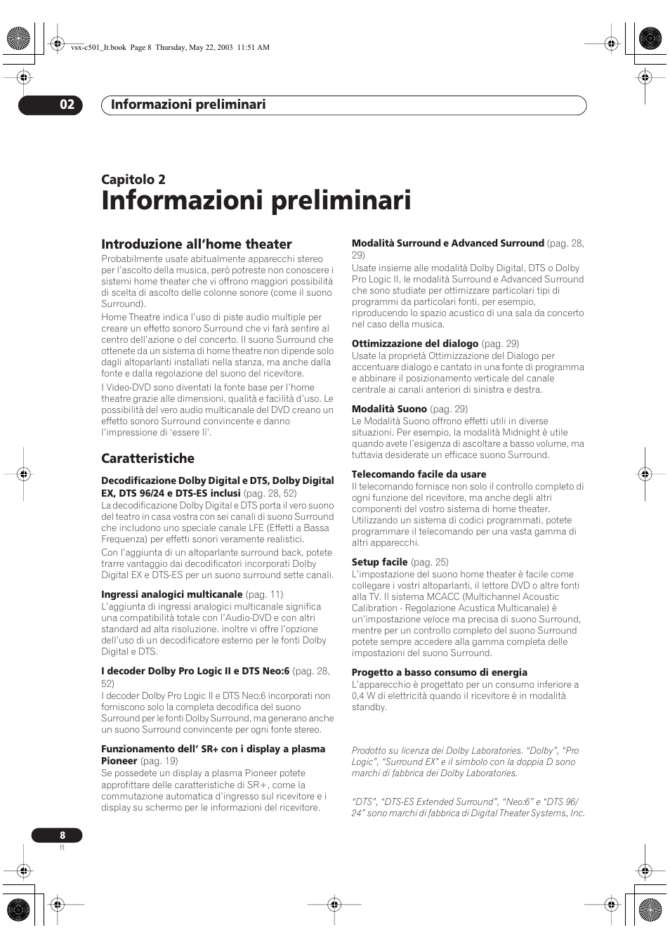 Informazioni preliminari, Informazioni preliminari 02, Capitolo 2 | Introduzione all’home theater, Caratteristiche | Pioneer VSX-C501-S User Manual | Page 60 / 108