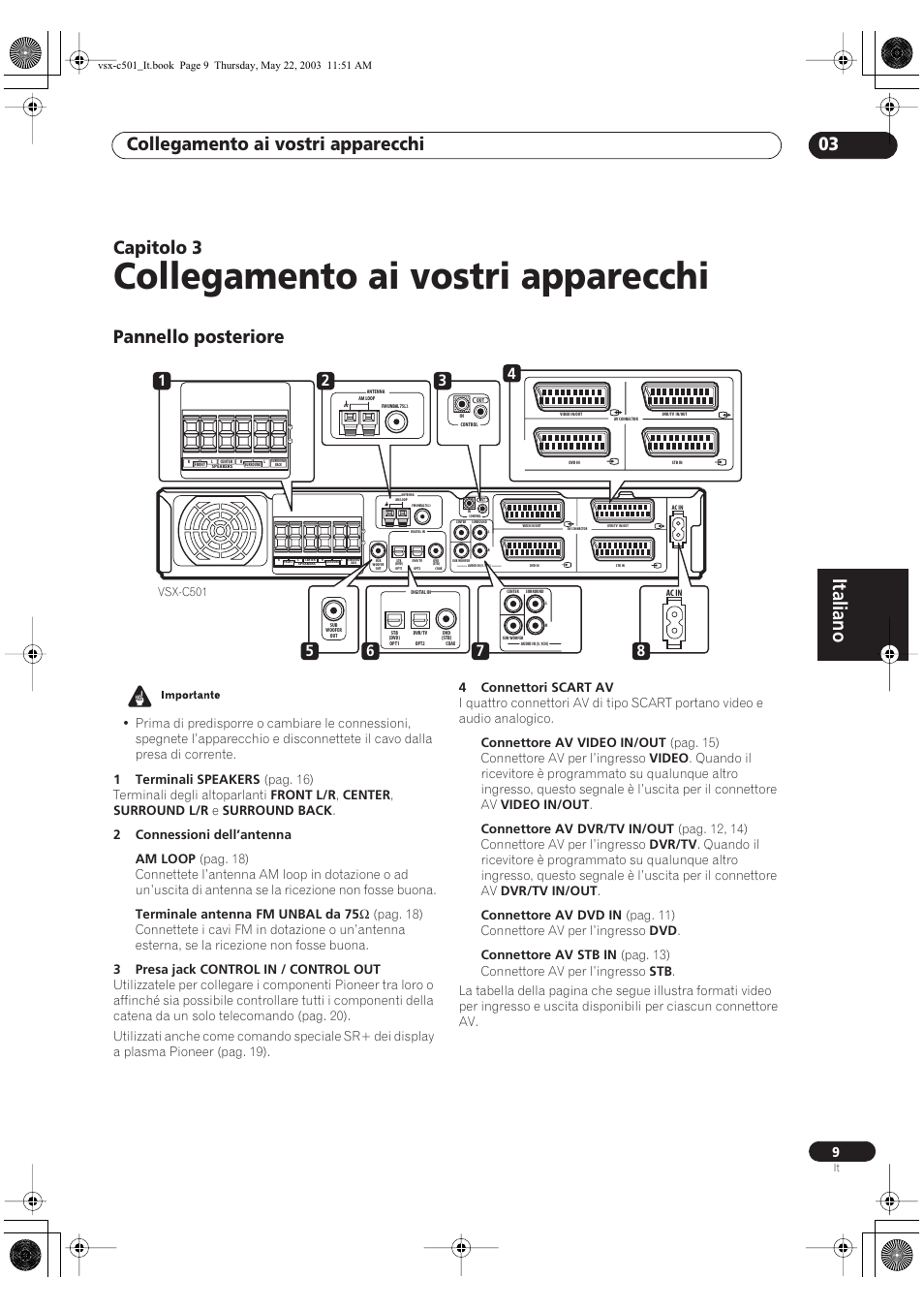 Collegamento ai vostri apparecchi, Italiano, Collegamento ai vostri apparecchi 03 | Capitolo 3, Pannello posteriore, Vsx-c501 | Pioneer VSX-C501-S User Manual | Page 61 / 108