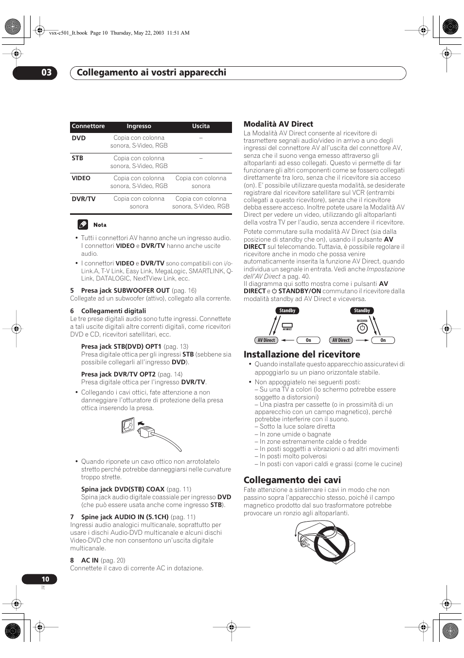 Collegamento ai vostri apparecchi 03, Installazione del ricevitore, Collegamento dei cavi | Pioneer VSX-C501-S User Manual | Page 62 / 108