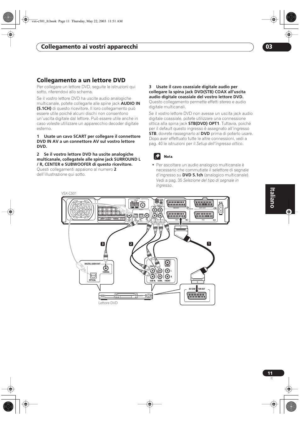 Italiano, Collegamento ai vostri apparecchi 03, Collegamento a un lettore dvd | Pioneer VSX-C501-S User Manual | Page 63 / 108