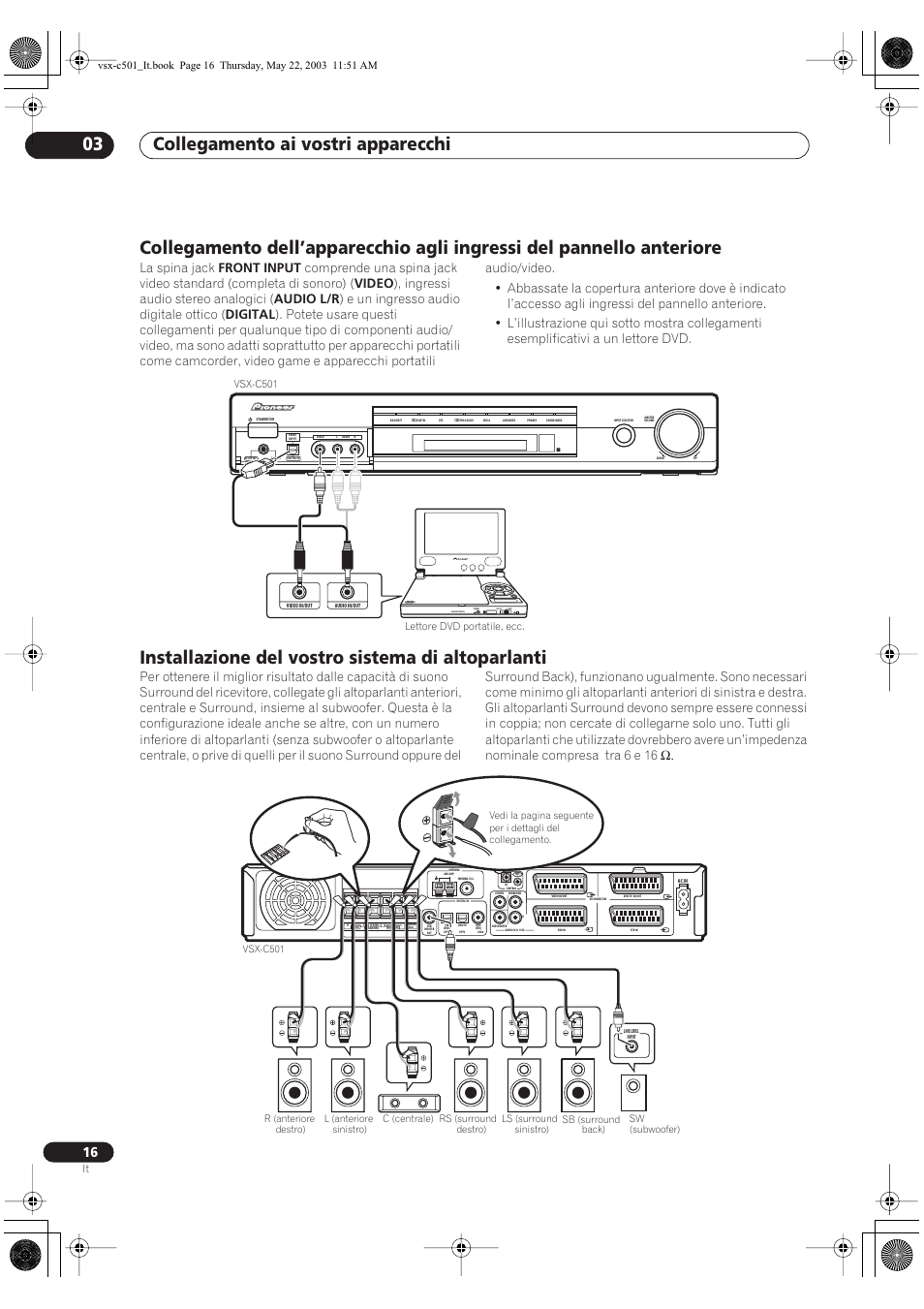Collegamento ai vostri apparecchi 03, Installazione del vostro sistema di altoparlanti, Color bright monitor | Pioneer VSX-C501-S User Manual | Page 68 / 108