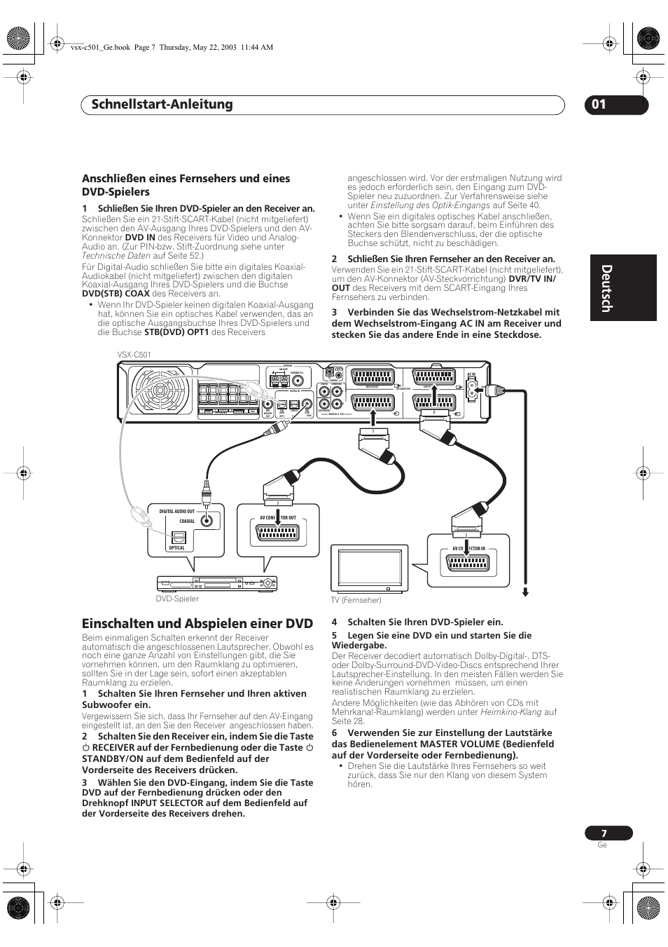 Einschalten und abspielen einer dvd, Deutsch, Schnellstart-anleitung 01 | 2schließen sie ihren fernseher an den receiver an | Pioneer VSX-C501-S User Manual | Page 7 / 108