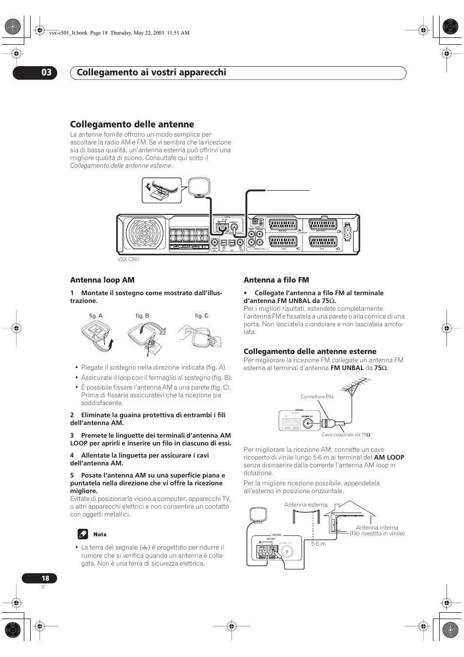 Collegamento ai vostri apparecchi 03, Collegamento delle antenne, Antenna loop am | Antenna a filo fm, Collegamento delle antenne esterne | Pioneer VSX-C501-S User Manual | Page 70 / 108