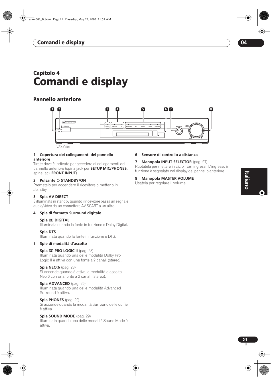 Comandi e display, Italiano, Comandi e display 04 | Capitolo 4, Pannello anteriore | Pioneer VSX-C501-S User Manual | Page 73 / 108