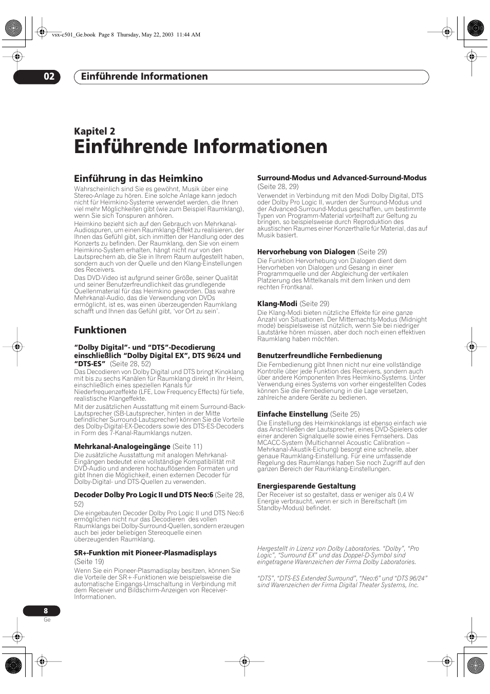 02 einführende informationen, Einführung in das heimkino, Funktionen | Einführende informationen, Einführende informationen 02, Kapitel 2 | Pioneer VSX-C501-S User Manual | Page 8 / 108