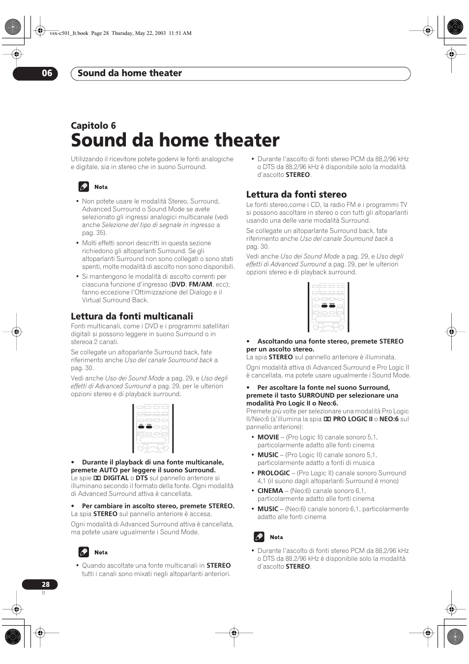 Sound da home theater, Sound da home theater 06, Capitolo 6 | Lettura da fonti multicanali, Lettura da fonti stereo | Pioneer VSX-C501-S User Manual | Page 80 / 108