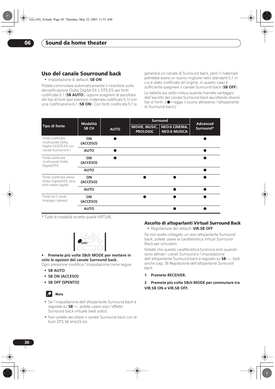 Sound da home theater 06, Uso del canale sourround back, Ascolto di altoparlanti virtual surround back | Pioneer VSX-C501-S User Manual | Page 82 / 108