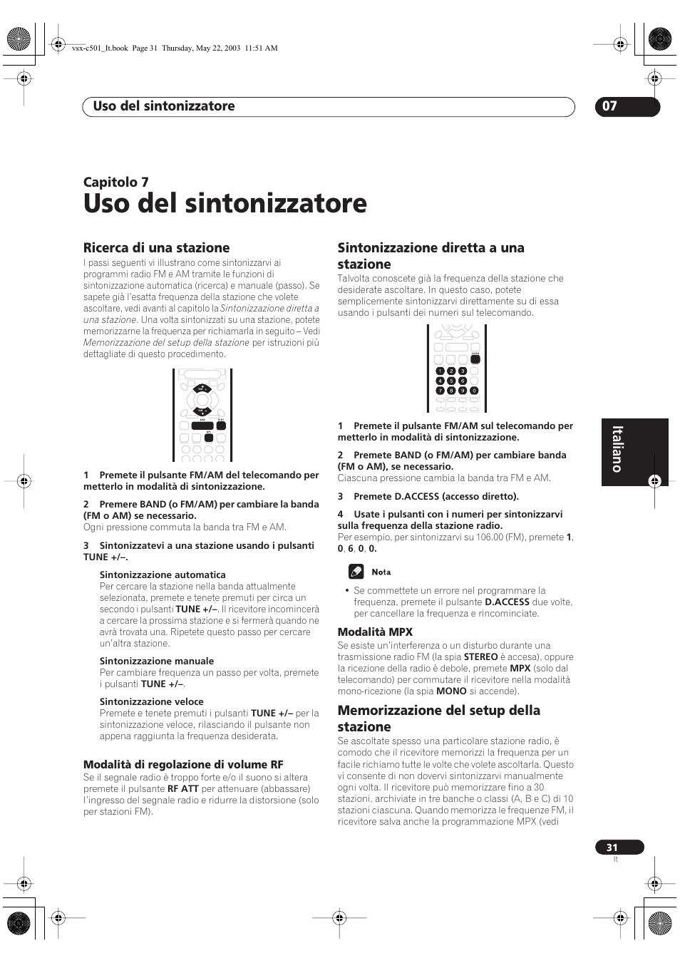 Uso del sintonizzatore, Italiano, Uso del sintonizzatore 07 | Capitolo 7, Ricerca di una stazione, Sintonizzazione diretta a una stazione, Modalità di regolazione di volume rf, Modalità mpx | Pioneer VSX-C501-S User Manual | Page 83 / 108