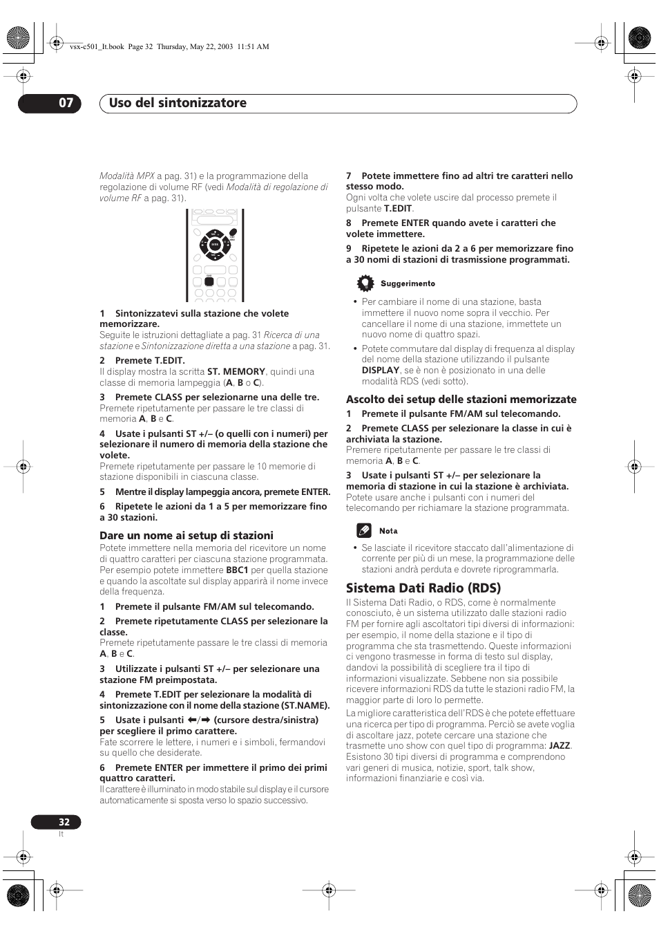 Uso del sintonizzatore 07, Sistema dati radio (rds), Dare un nome ai setup di stazioni | Pioneer VSX-C501-S User Manual | Page 84 / 108