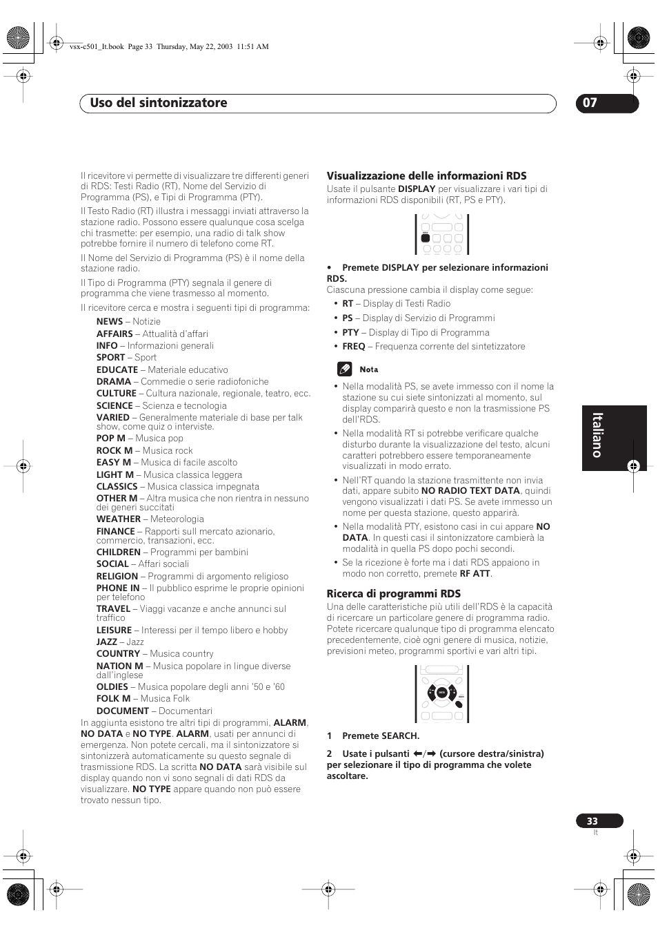 Italiano, Uso del sintonizzatore 07, Visualizzazione delle informazioni rds | Ricerca di programmi rds | Pioneer VSX-C501-S User Manual | Page 85 / 108