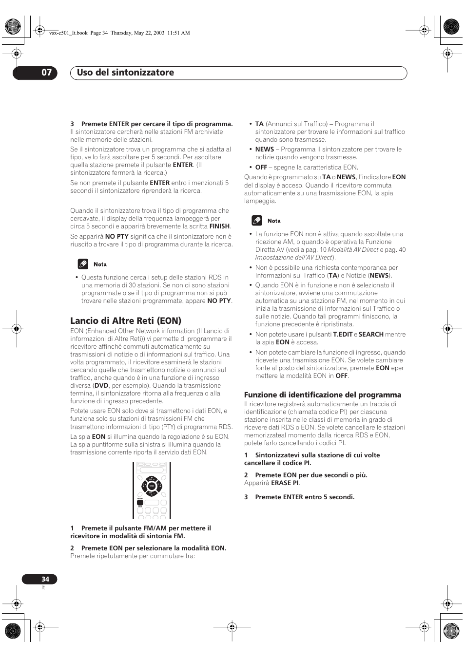 Uso del sintonizzatore 07, Lancio di altre reti (eon), Funzione di identificazione del programma | Pioneer VSX-C501-S User Manual | Page 86 / 108