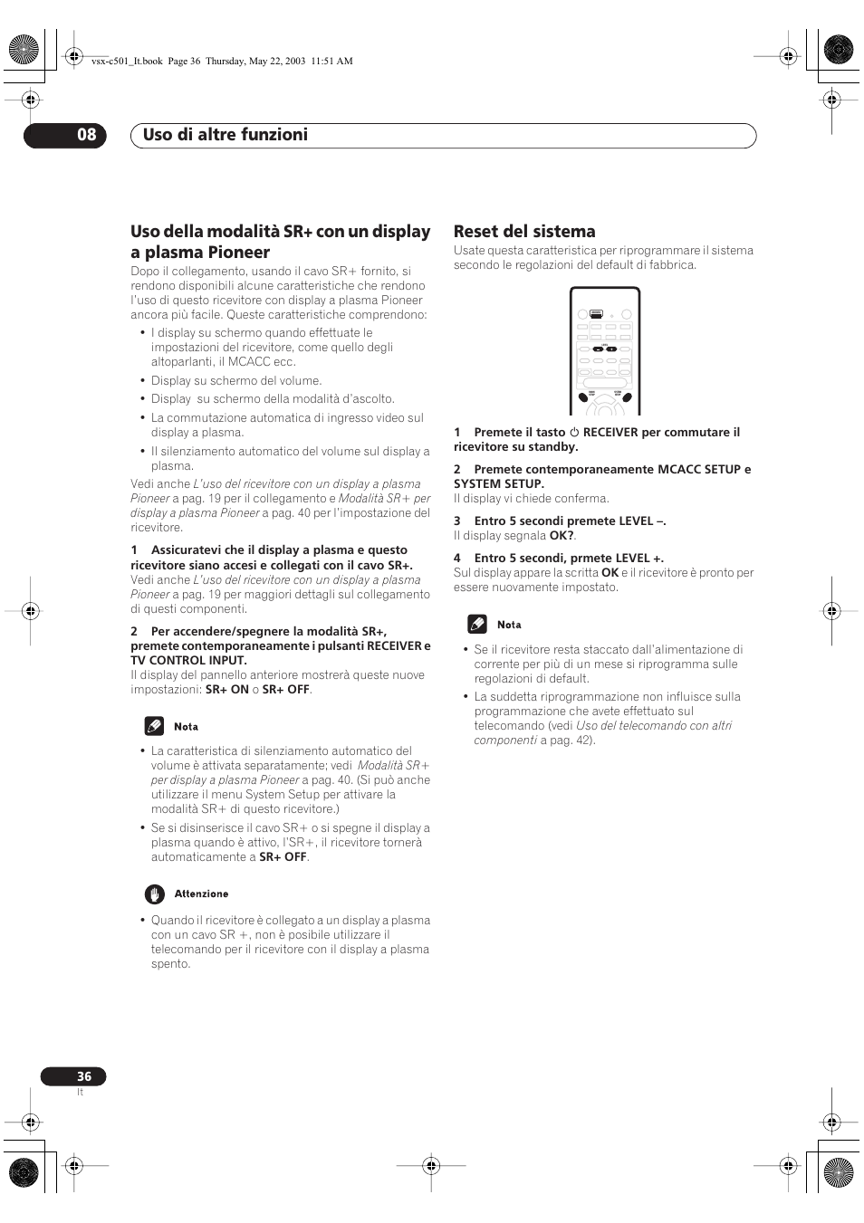 Uso di altre funzioni 08, Reset del sistema | Pioneer VSX-C501-S User Manual | Page 88 / 108