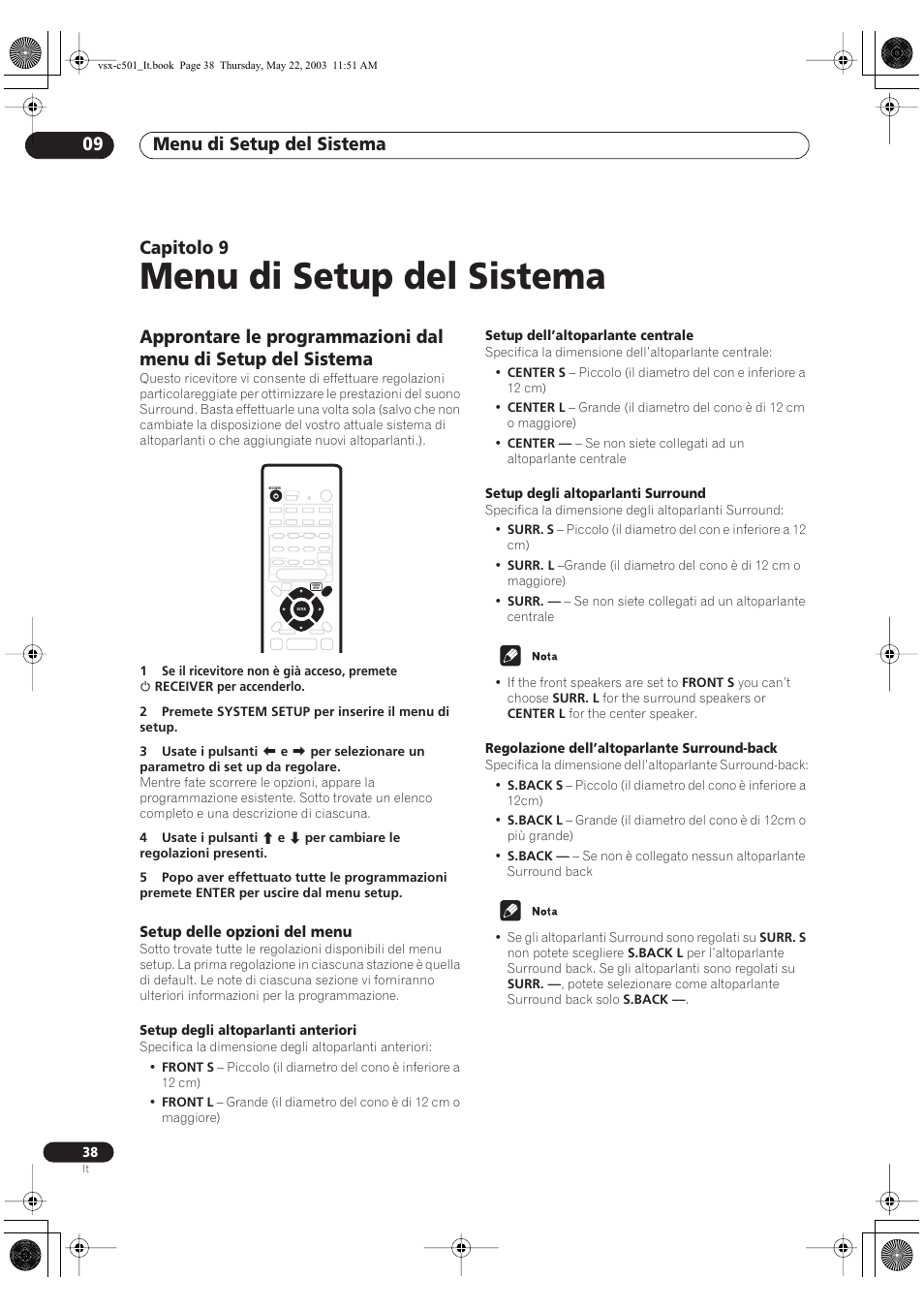 Menu di setup del sistema, Menu di setup del sistema 09, Capitolo 9 | Setup delle opzioni del menu, Setup degli altoparlanti anteriori, Setup dell’altoparlante centrale, Setup degli altoparlanti surround, Regolazione dell’altoparlante surround-back | Pioneer VSX-C501-S User Manual | Page 90 / 108