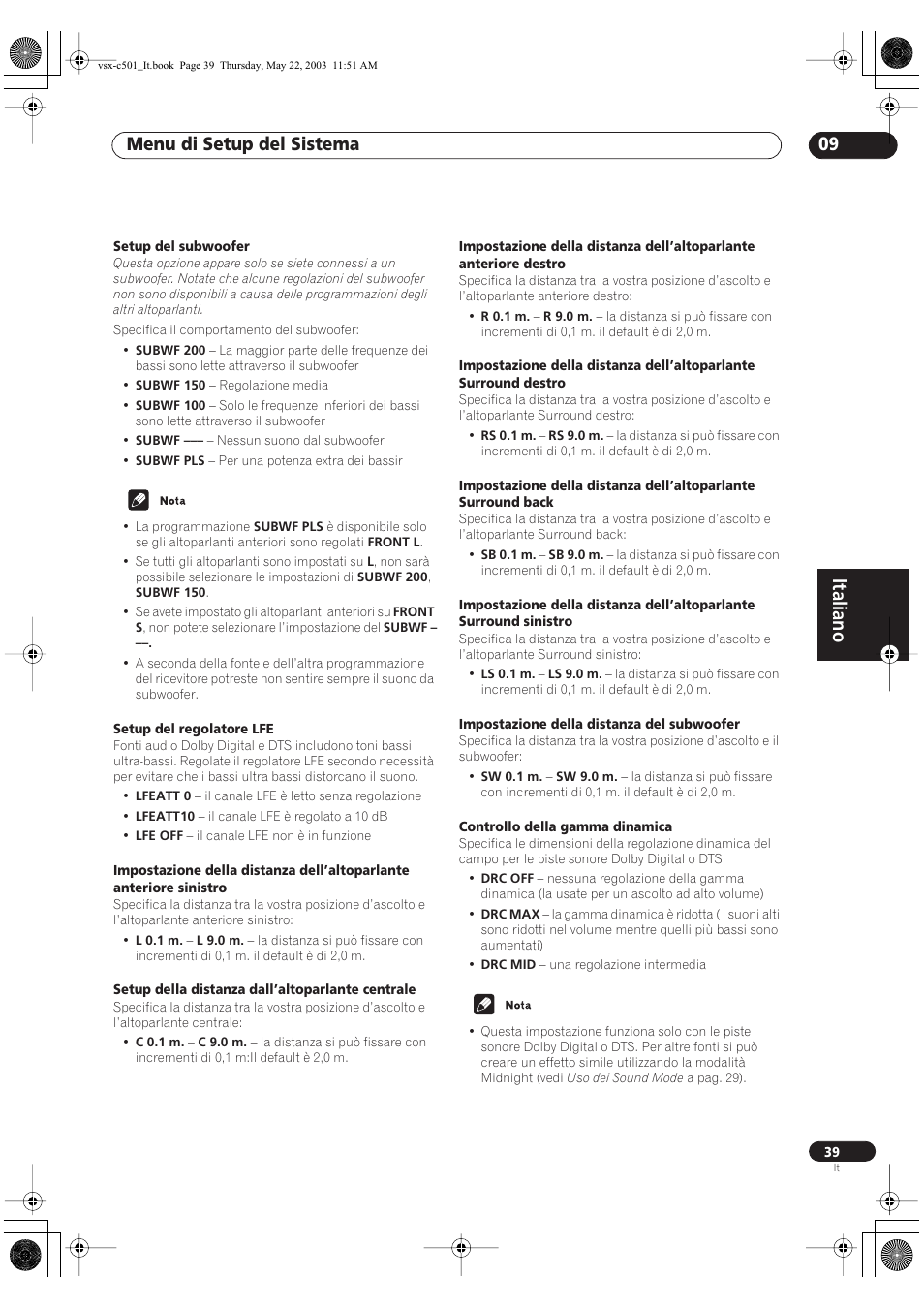 Italiano, Menu di setup del sistema 09 | Pioneer VSX-C501-S User Manual | Page 91 / 108