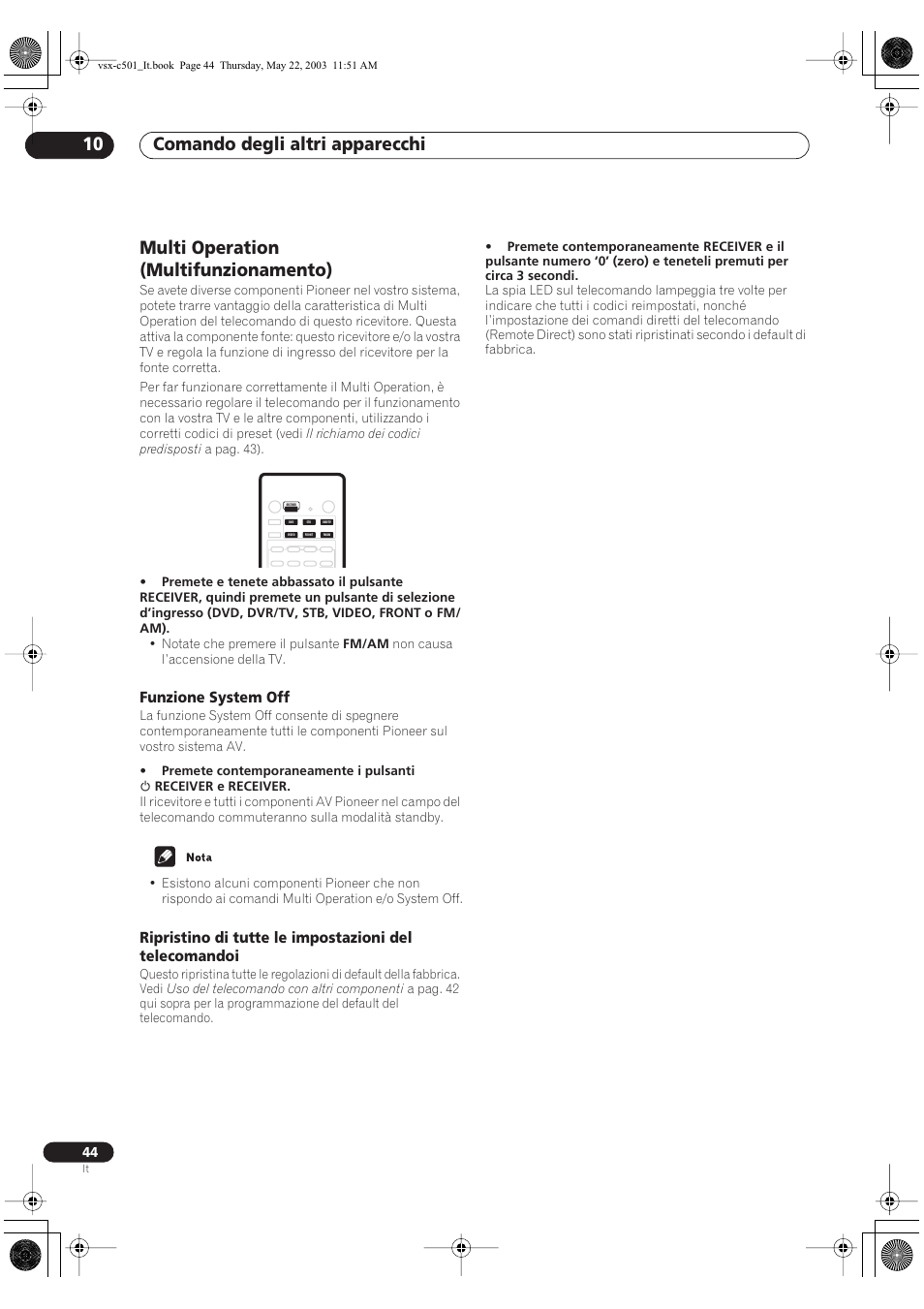 Comando degli altri apparecchi 10, Multi operation (multifunzionamento), Funzione system off | Pioneer VSX-C501-S User Manual | Page 96 / 108
